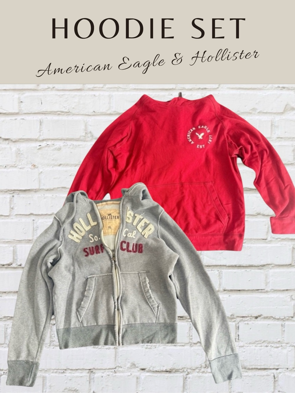 Hollister & American Eagle Hoodie Lot Grey Zip-up & Red Pullover Sizes XL & L
